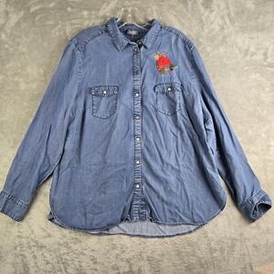 Basler Shirt Womens‎ 46 Blue Chambray Embroidered Flower Long Sleeve